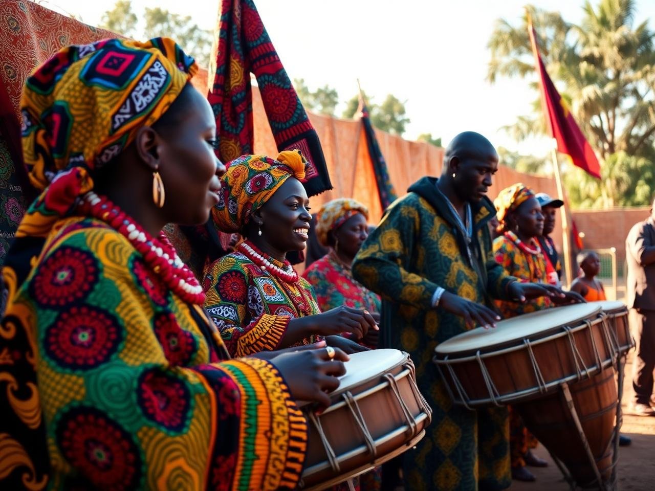 Traditional West African drummers in colourful cloth during a cultural performance