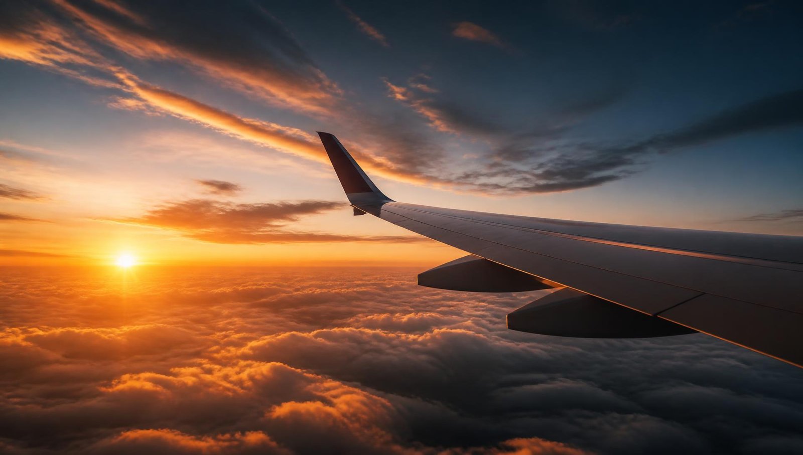 Aircraft wing above golden sunset clouds on an international flight